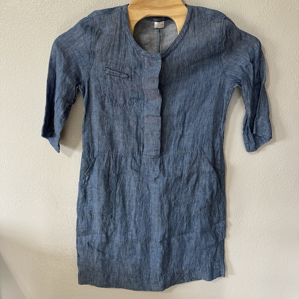 Poetry Dress Sz 10 Blue Linen Relaxed Boho Peasant Pockets 1/2 Button 3/4 Sleeve